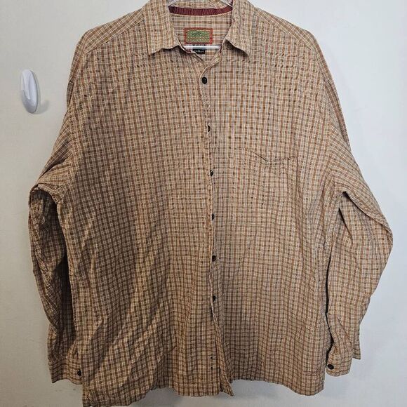 Horny Toad Men’s button down shirt Check Plaid Brown Yellow 100% Cotton Casual X - Picture 1 of 3